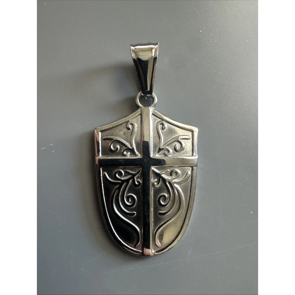 Cross Shield Viking Stainless Steel Pendant 24 Inch Box Chain Religious Faith